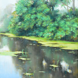 Yellow on lake & trees