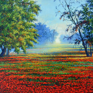 Landscape red flowers & trees