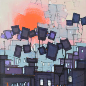 Purple & silver buildings & sun