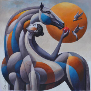 Woman, Horse, Apple, Birds